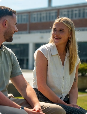 Man and woman laughing outdoors, representing a friendly team culture at insolvency jobs company.